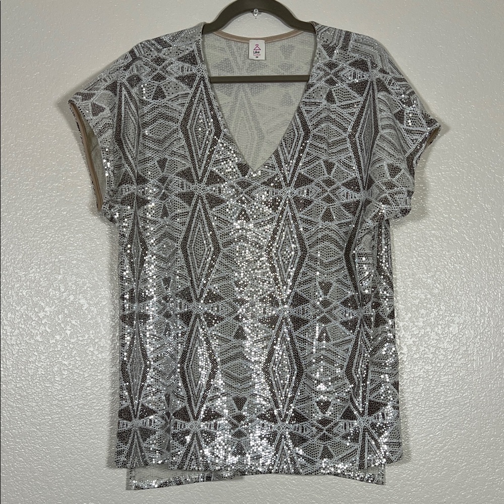 Brown and cream blouse with silver sequins, size 2X